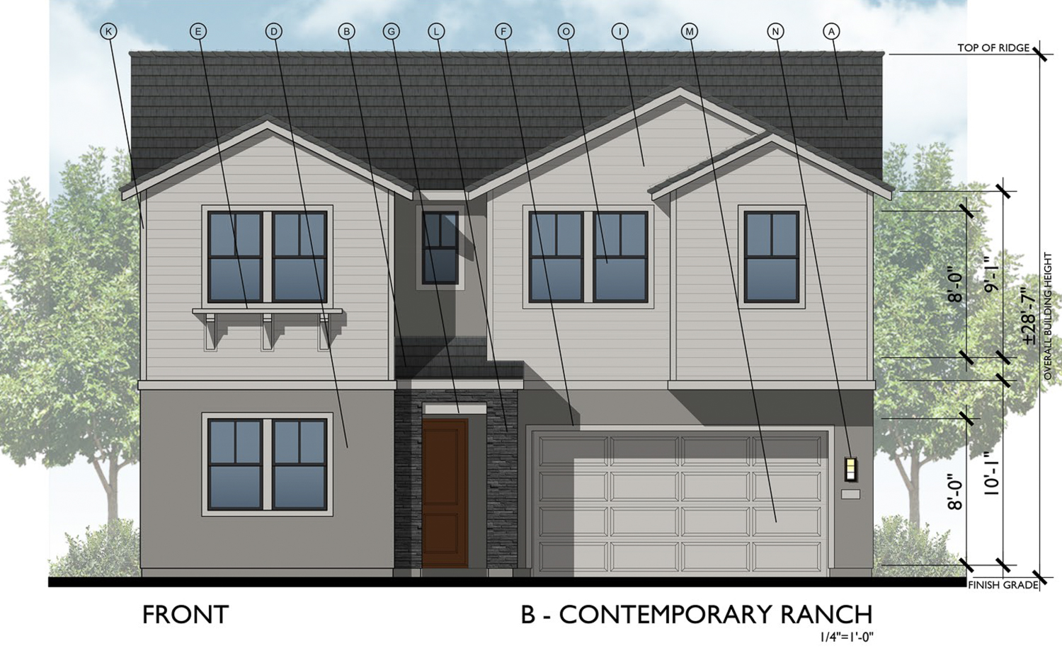 Peebles Burnett subdivision contemporary ranch-style house, illustration by Bassenian Lagoni Architects