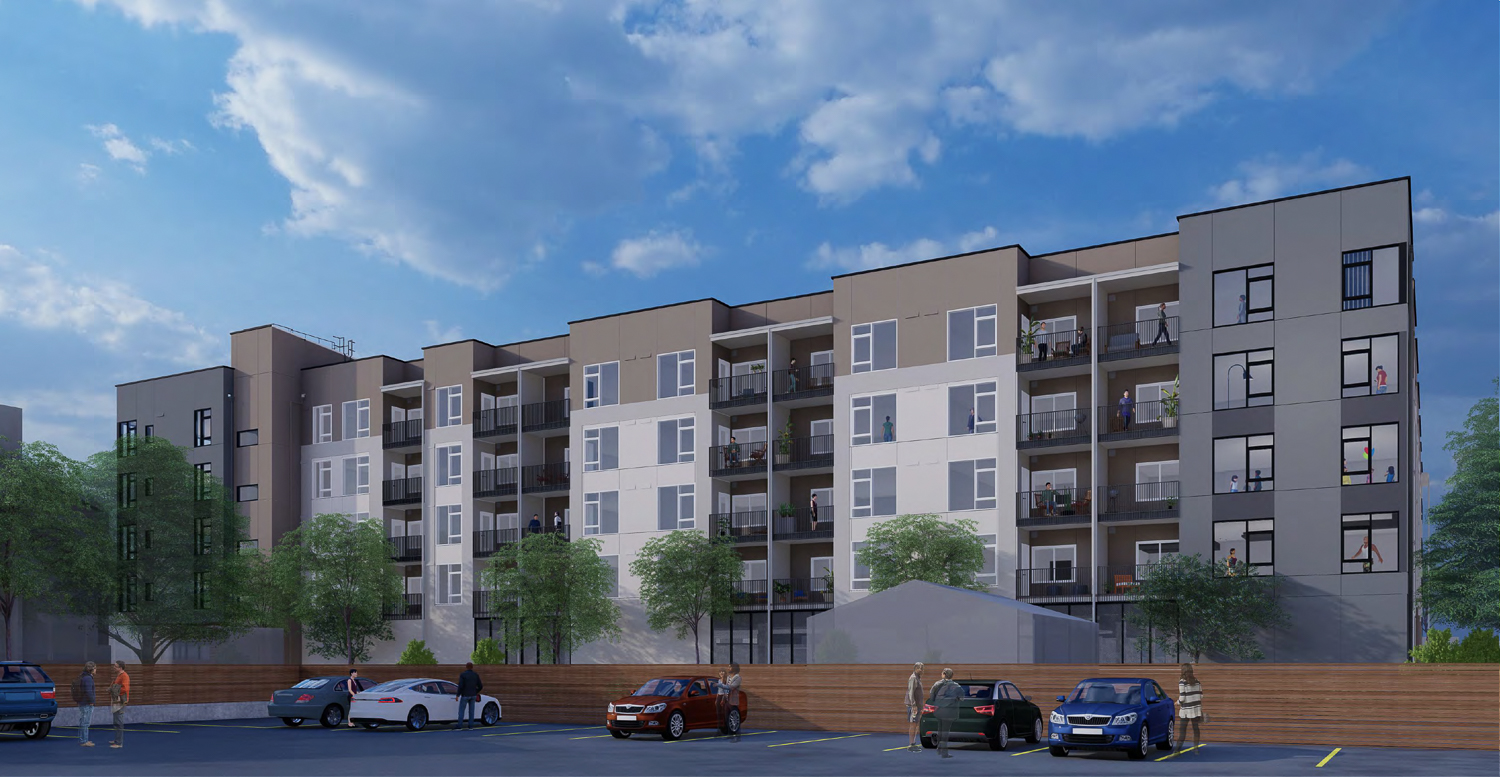 The Hayden at 815 Old County Road seen from the adjacent parcel, rendering by PYATOK