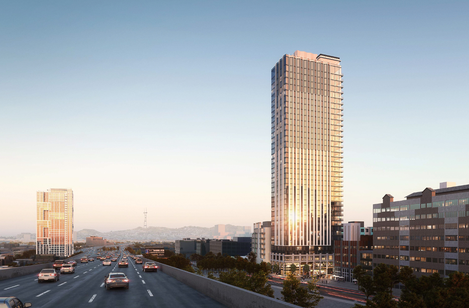 180 Hawthorne Street with 598 Harrison Street and Sutro Tower in the background, rendering by BDE Architecture