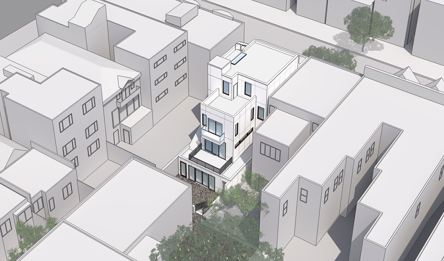 1973 Greenwich Street isometric rear-lot view, illustration by Y.A. Studio