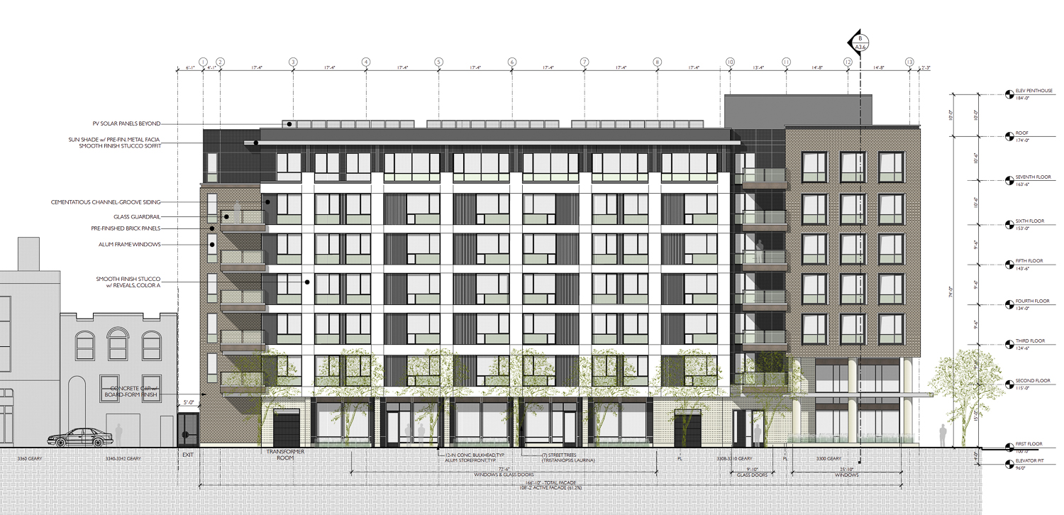 3300 Geary Boulevard facade elevation, illustration by Elevation Architects