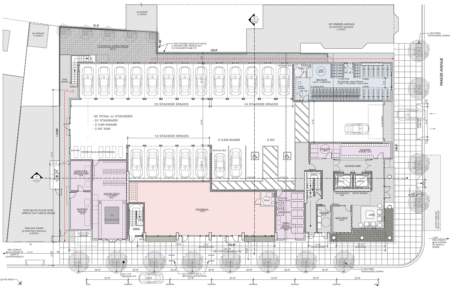 3300 Geary Boulevard ground-level floor plan, illustration by Elevation Architects