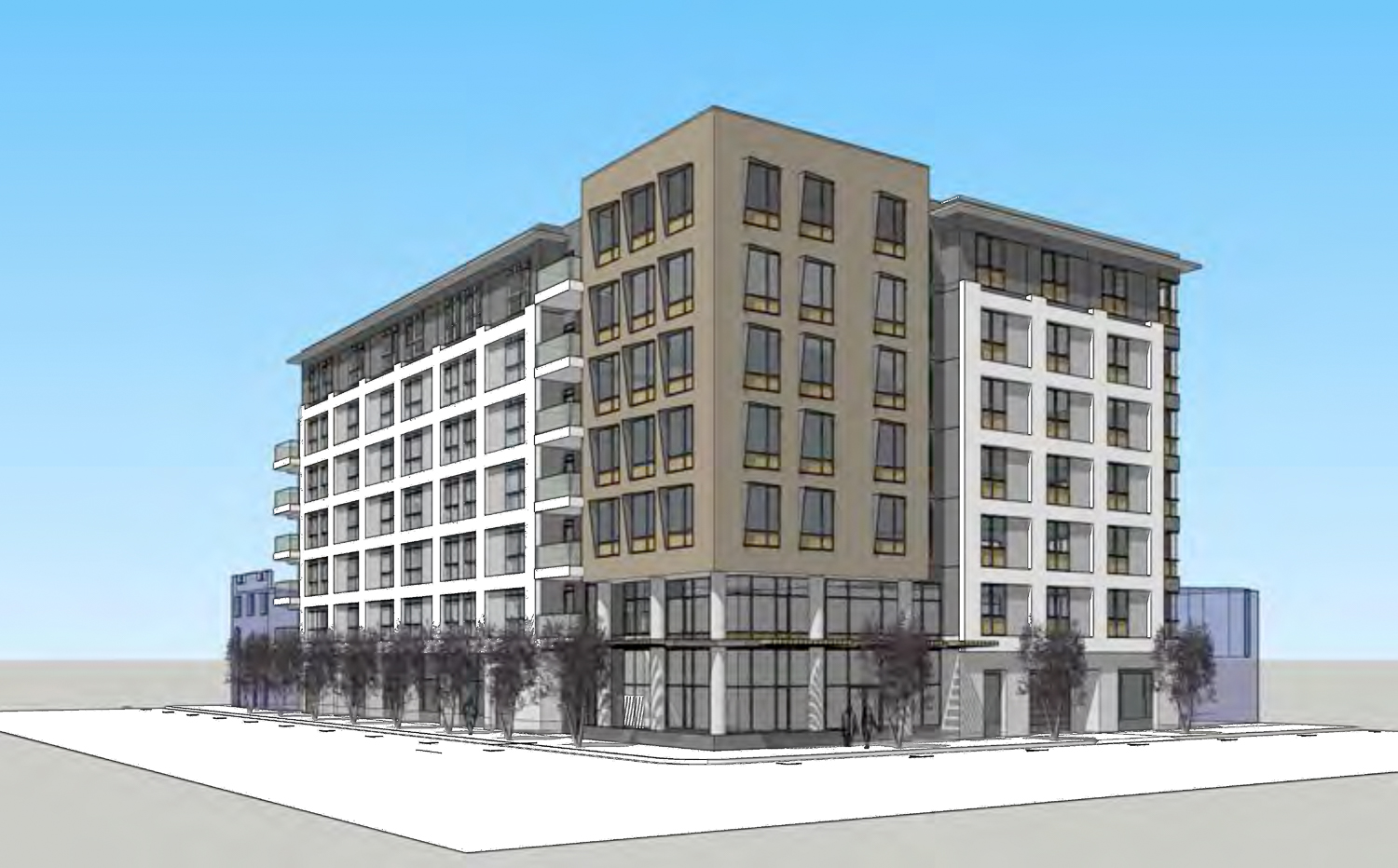 3300 Geary Boulevard seen from across Geary and Parker Avenue, rendering by Elevation Architects