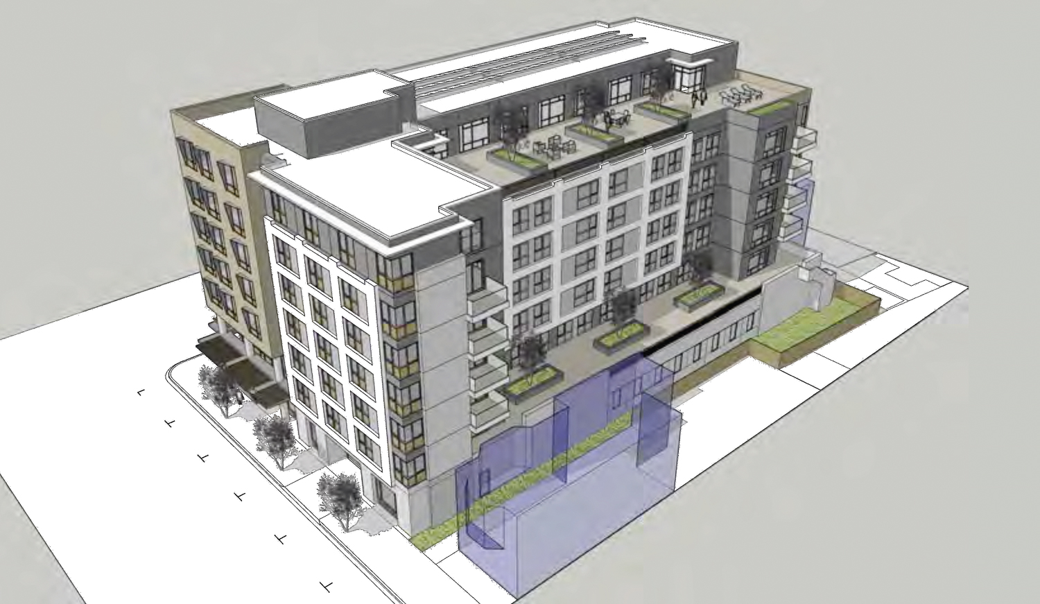 3300 Geary Boulevard view of the rear terrace, rendering by Elevation Architects