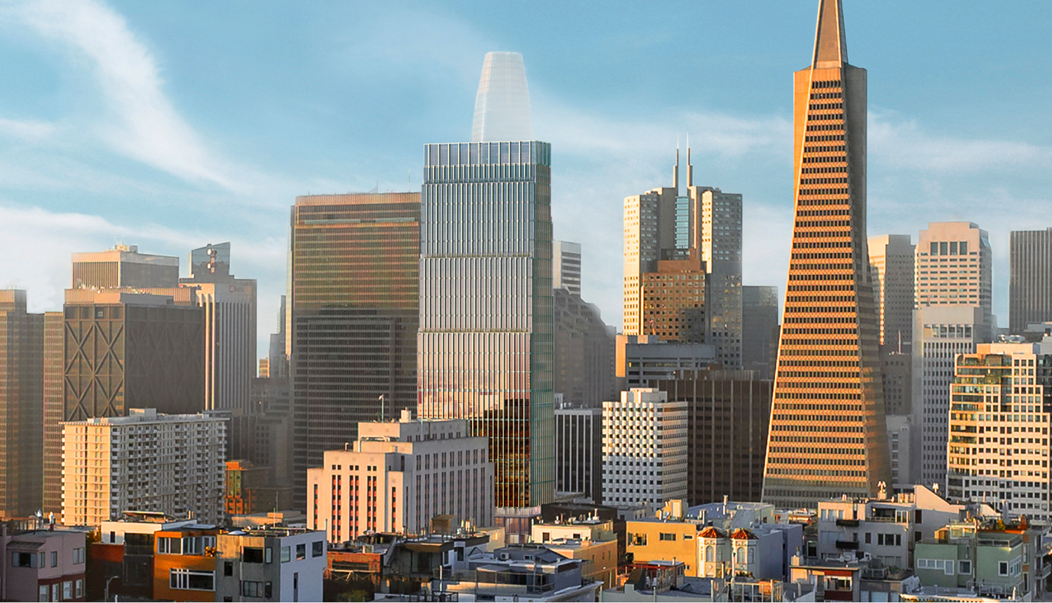 530 Sansome Street seen between Embarcadero Center and the Transamerica Pyramid, rendering by SOM