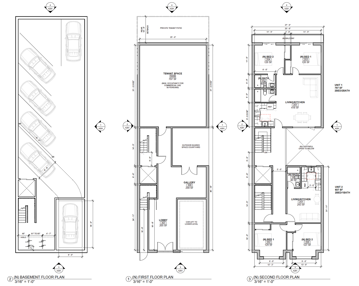 915 Bryant Street floor plans showing the basement level, ground-floor, and second floor, illustration by Creates Cool