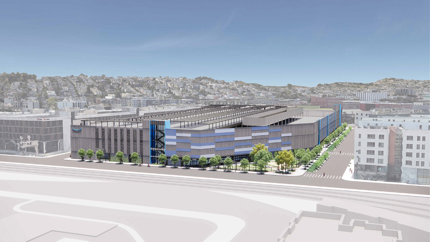 Amazon Fulfillment Center aerial view, rendering by MG2