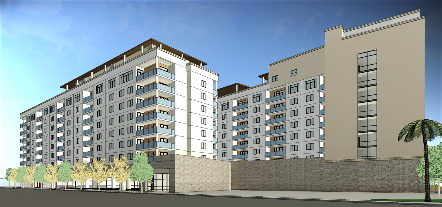 Arya seen from along Los Gatos Boulevard, rendering by Anderson Architects