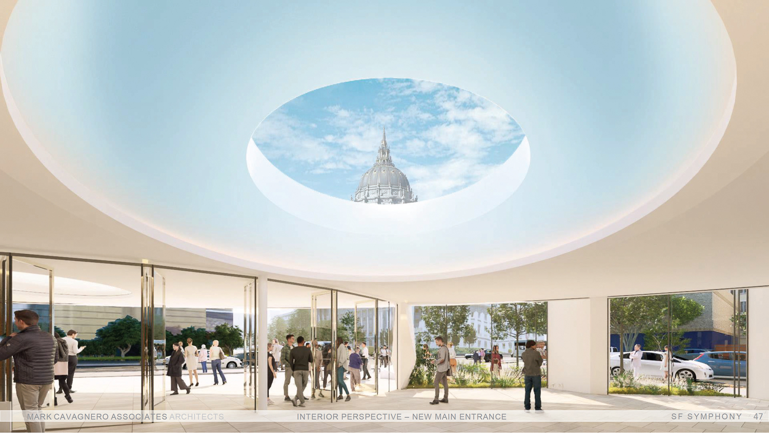 San Francisco Symphony interior lobby view looking toward City Hall, rendering by Mark Cavagnero Associates