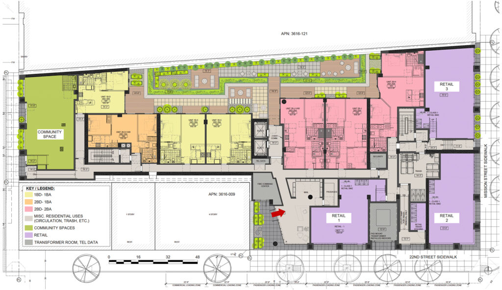 2588 Mission Street ground-level floor plan, illustration by Ian Birchall and Associates