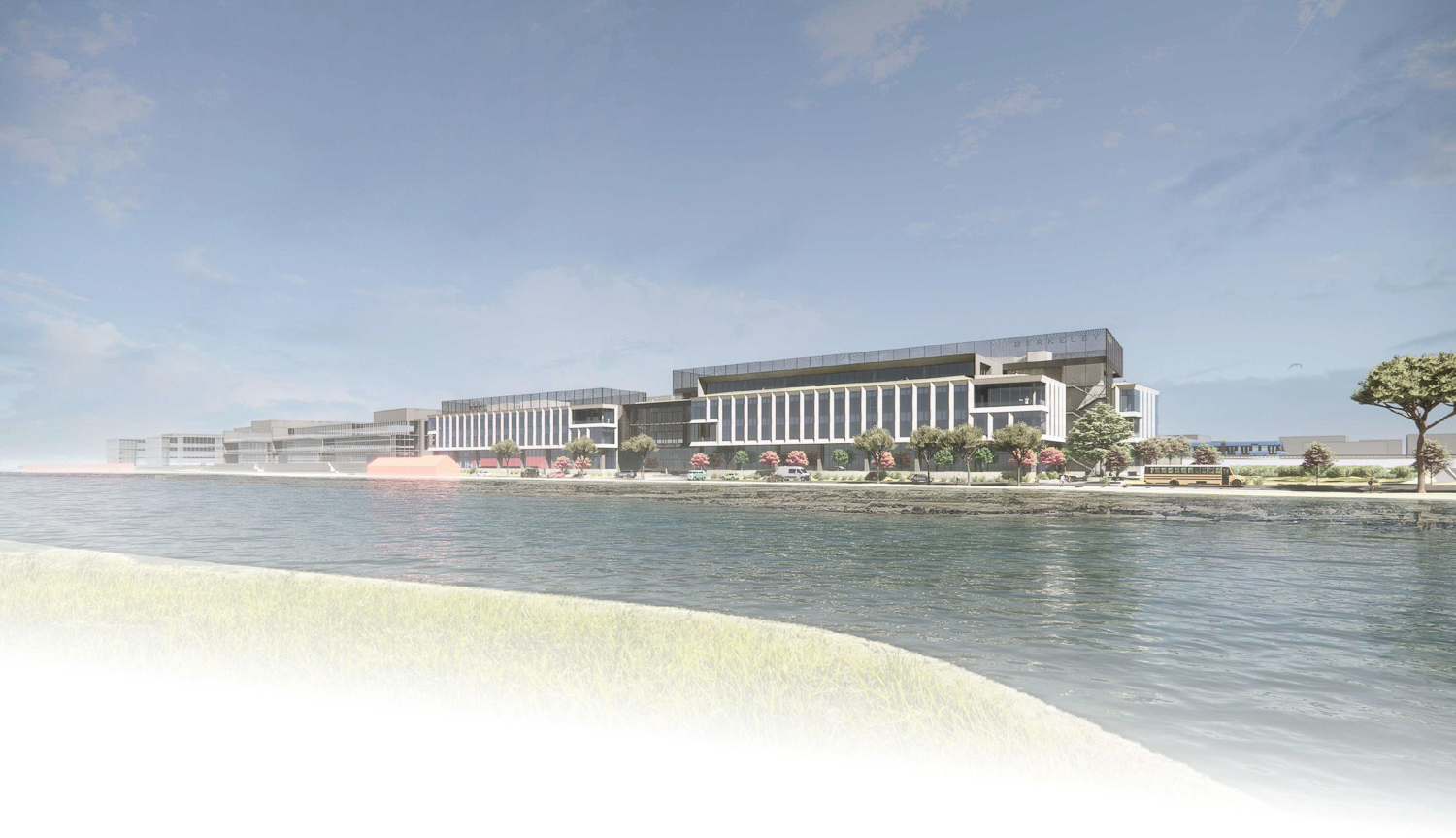 600 Bancroft Way seen from across the Aquatic Park lagoon, rendering by HGA