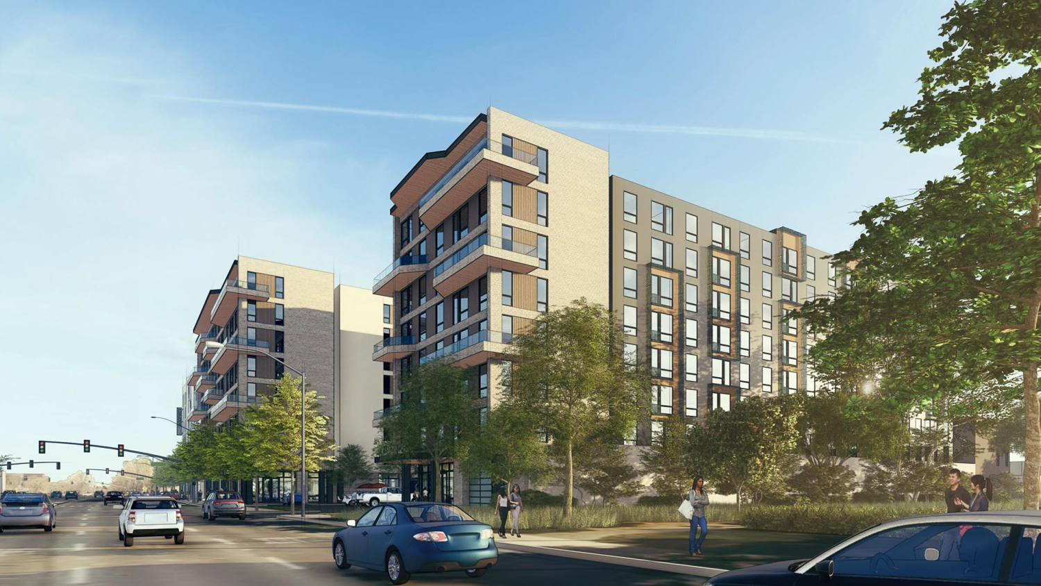 Creekside Residences car view from along El Camino Real, rendering by Lowney Architecture