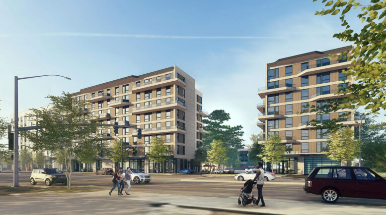 Creekside Residences pedestrian view from across El Camino Real, rendering by Lowney Architecture