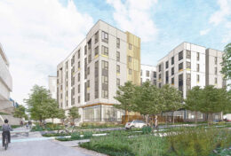 El Cerrito Plaza TOD Parcel A South view with the courtyard, rendering by Pyatok