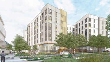 El Cerrito Plaza TOD Parcel A South view with the courtyard, rendering by Pyatok