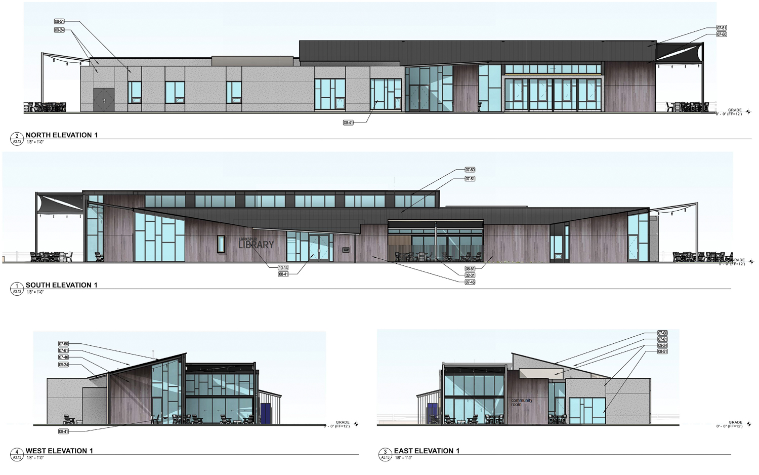 Larkspur Library on Rose Lane elevations, rendering by Noll & Tam Architects