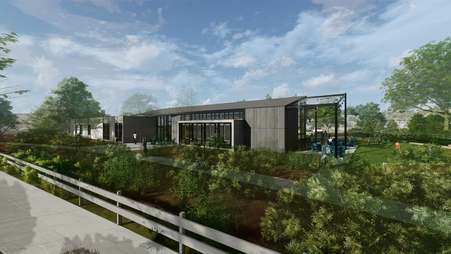 Larkspur Library on Rose Lane pedestrian view, rendering by Noll & Tam Architects