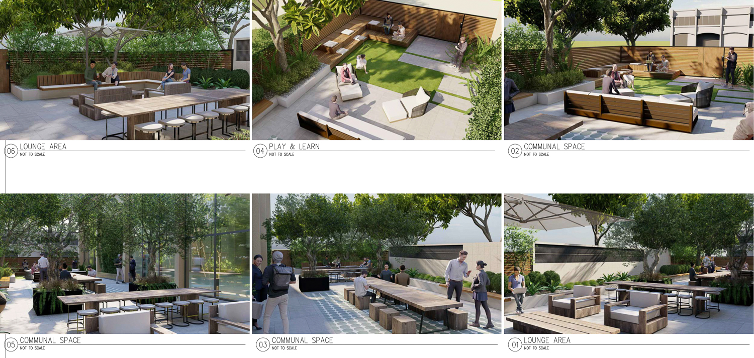 Palo Alto Square Building 6 outdoor amenity space, rendering by HGA