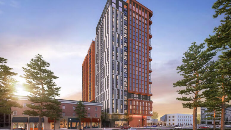 The Hub at 2128 Oxford Street seen from the UC Berkeley Campus, rendering by DLR Group