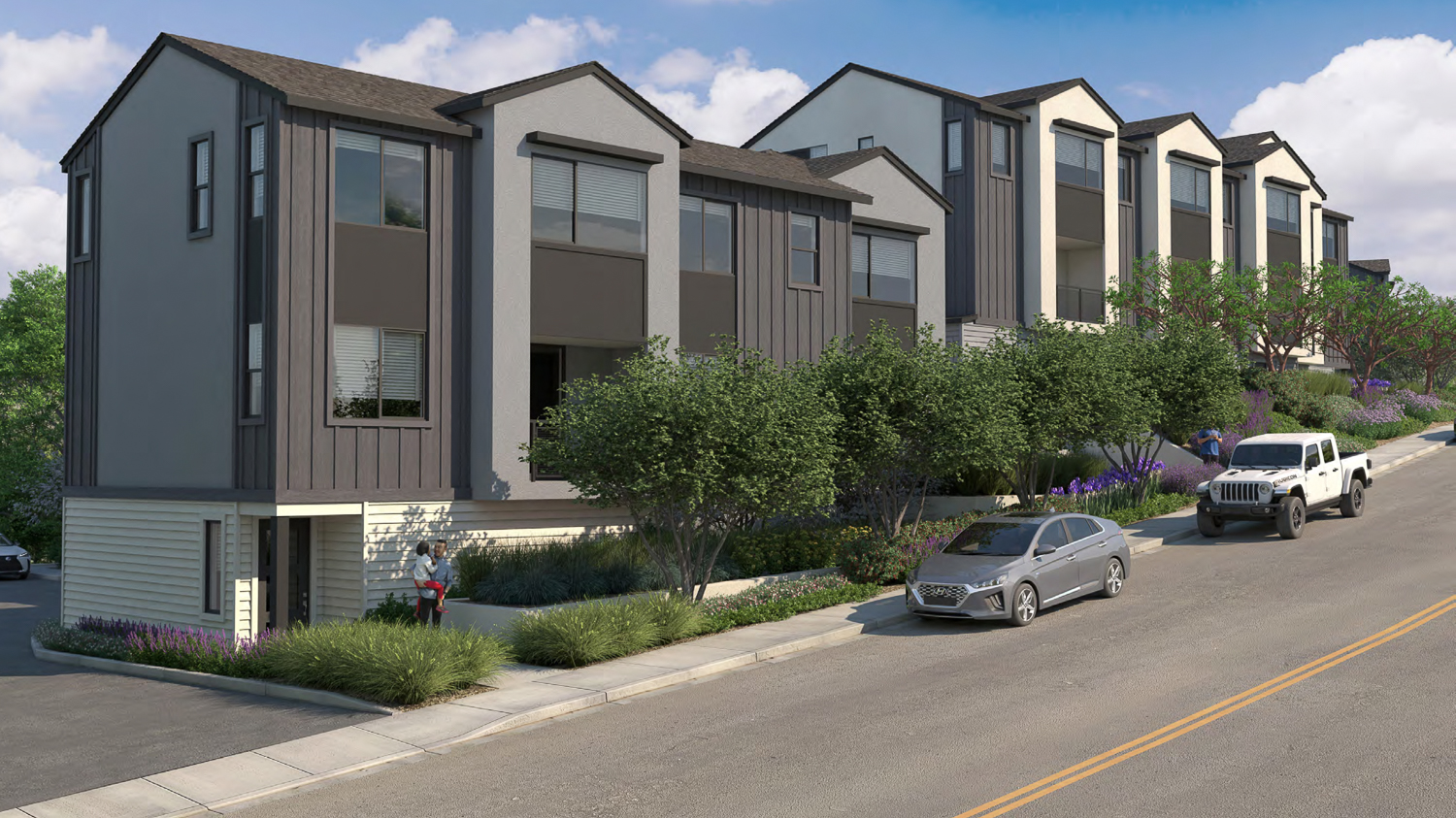 1000 Drakes Landing Road townhomes pedestrian view of Building 200, rendering by WHA