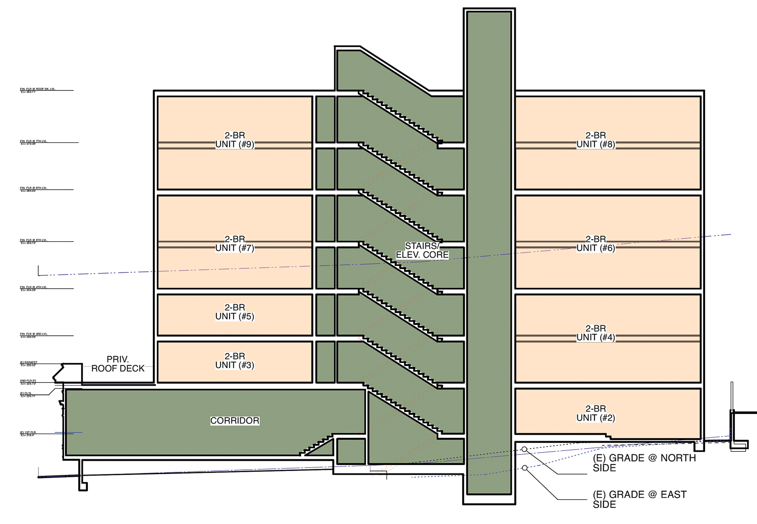 2083 Ellis Street elevation cross-section, illustration by Topetcher Architecture