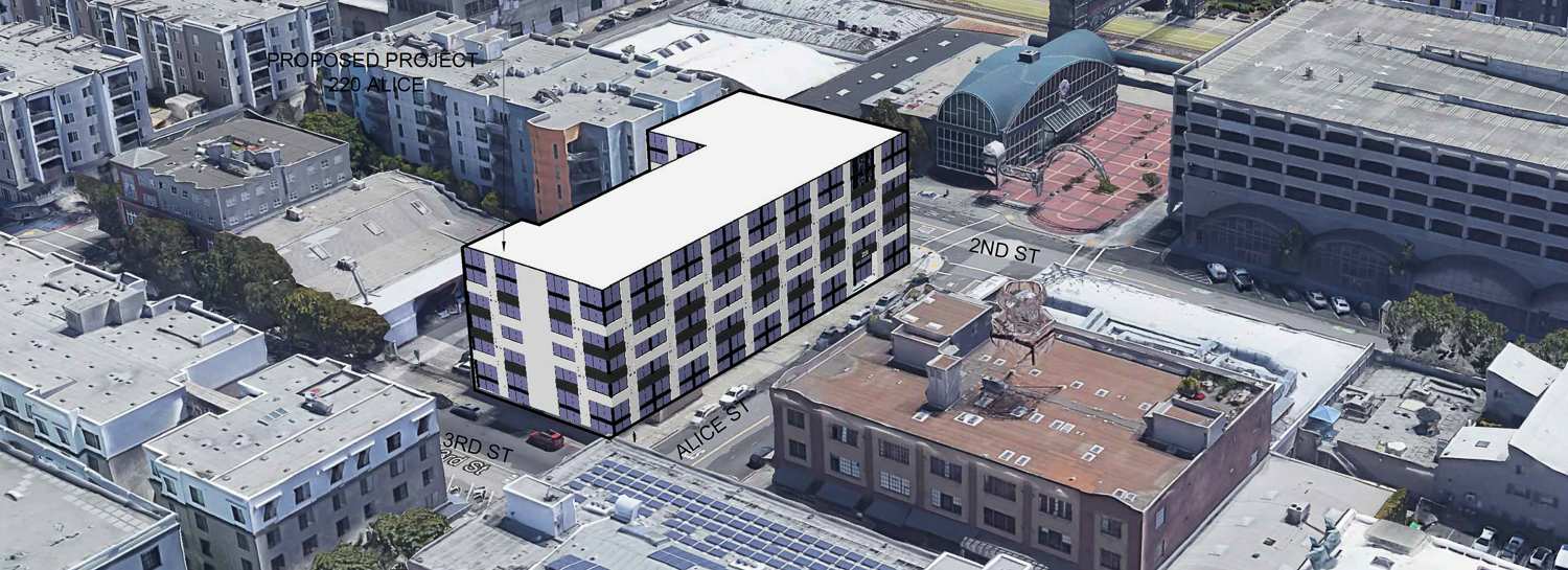 220 Alice Street aerial view, rendering by Stanley Saitowitz | Natoma Architects