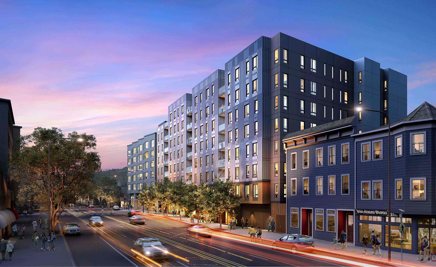 2587 Telegraph Avenue evening view, rendering by KTGY