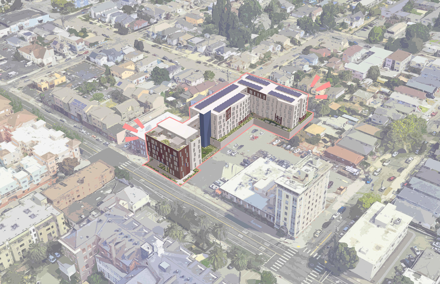 2610 International Boulevard aerial view, rendering by David Baker Architects