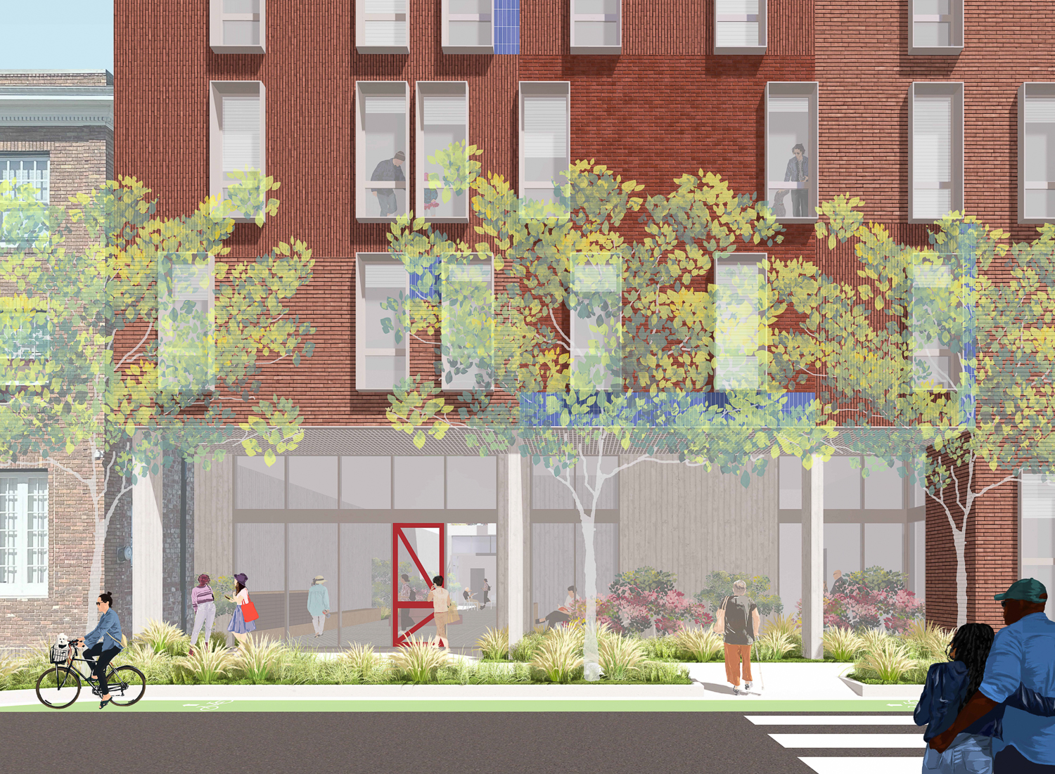 2610 International Boulevard sidewalk activity, rendering by David Baker Architects