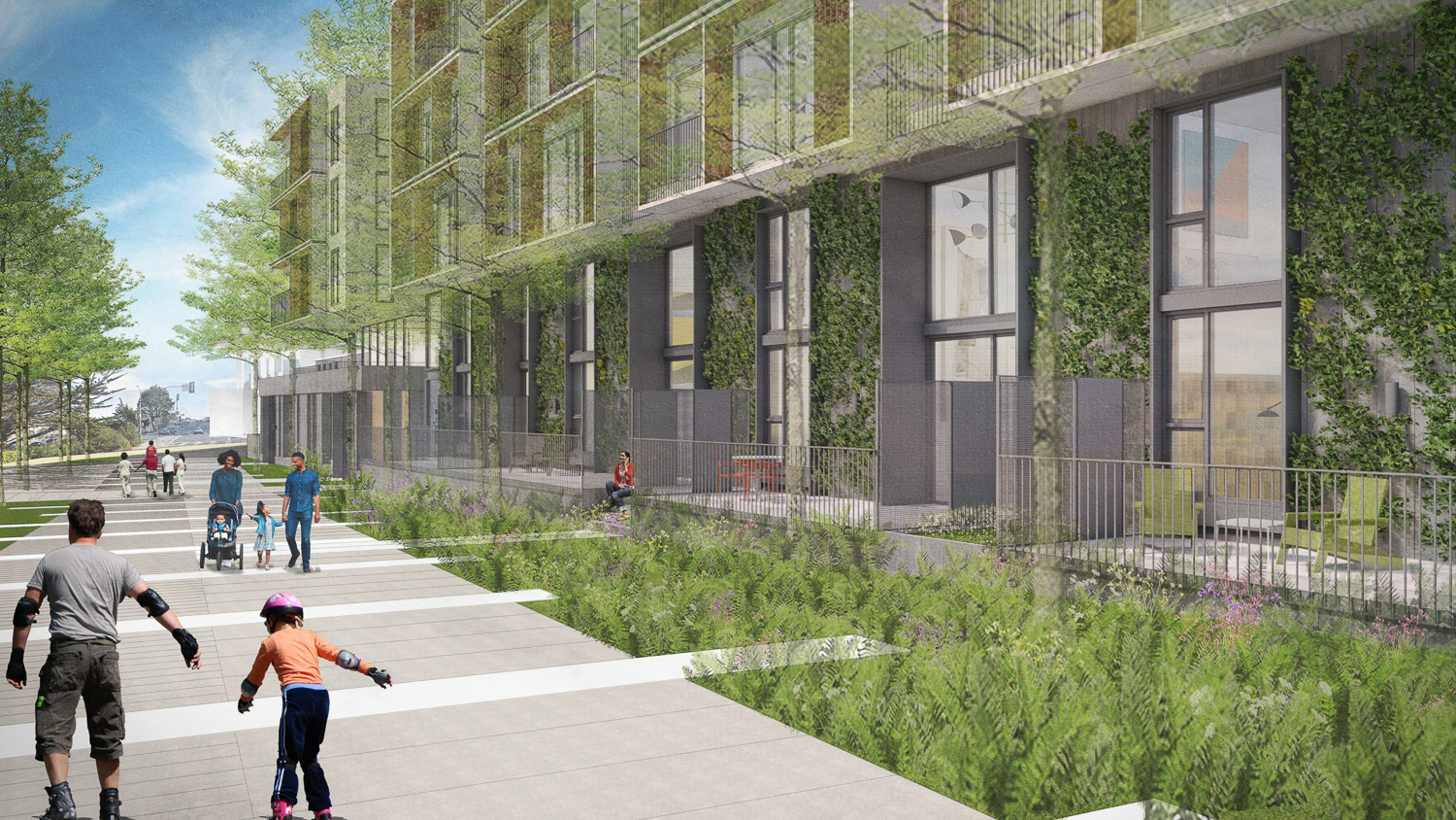 3333 California Street Euclid Building pathway view, rendering by Jensen Architects