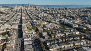 3333 California Street aerial view looking east with the city's skyline in view, illustration circa 2019, rendering via Prado Group