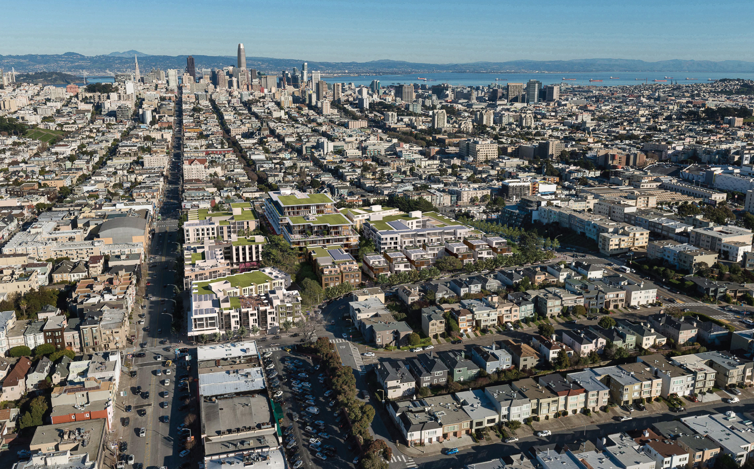 3333 California Street aerial view looking east with the city's skyline in view, illustration circa 2019, rendering via Prado Group