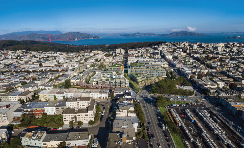 3333 California Street aerial view looking north, illustration circa 2019, rendering by Steelblue for Prado Group