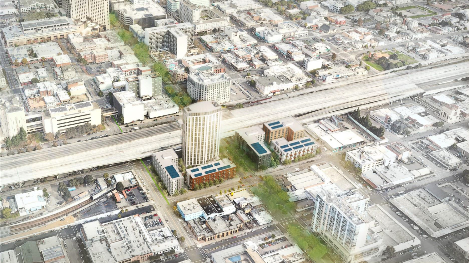 401 and 430 Broadway aerial view, rendering by David Baker Architects