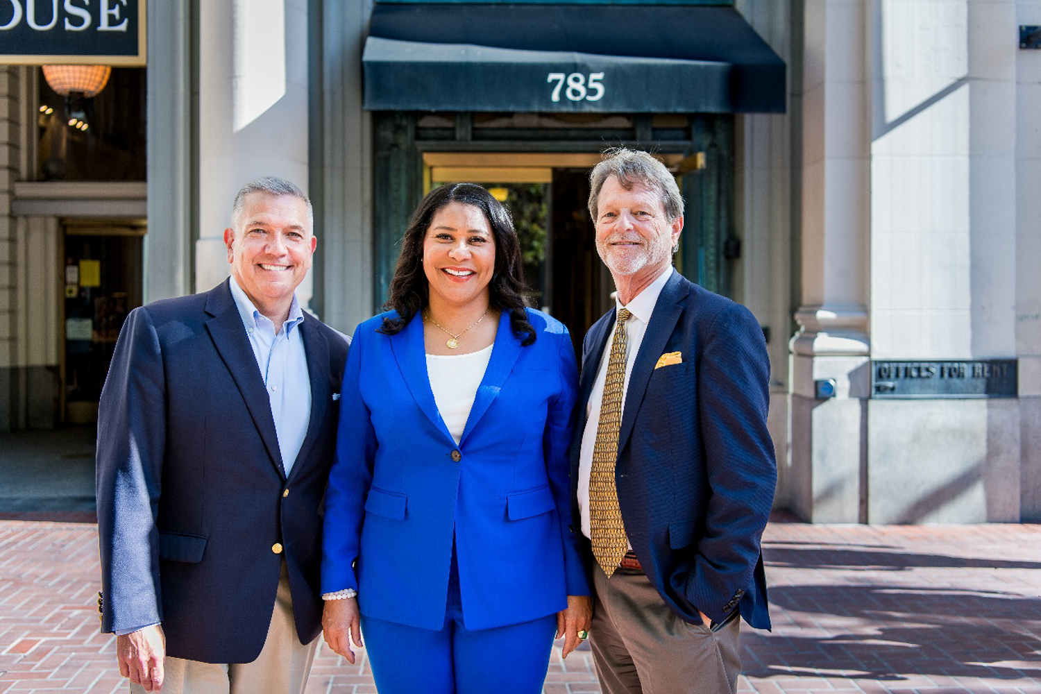 785 Market Street opening ceremony photo of Forge CEO Richard Hannum, Mayor London Breed, and Supervisor Matt Dorsey, image via Forge Development Partners