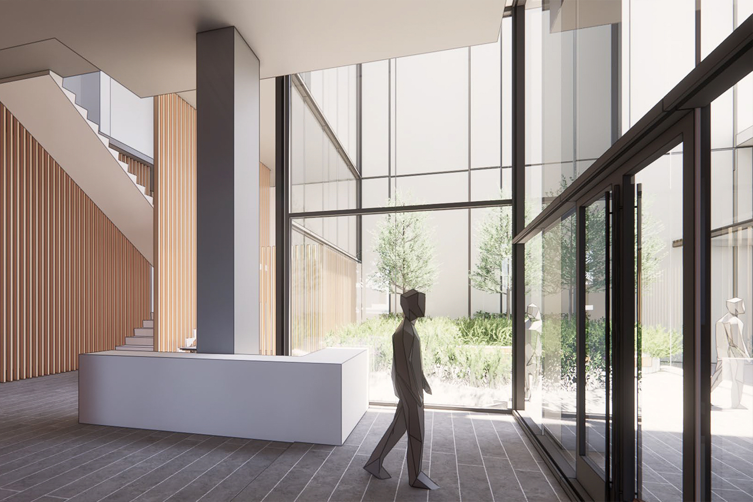 Bancroft-Fulton Student Housing lobby interior, rendering by KieranTimberlake