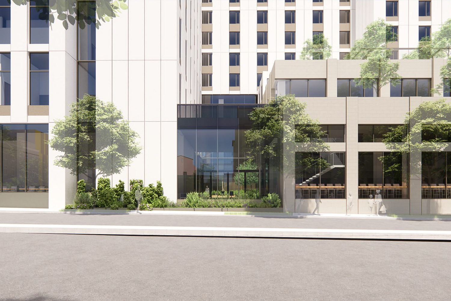 Bancroft-Fulton Student Housing sidewalk view, rendering by KieranTimberlake