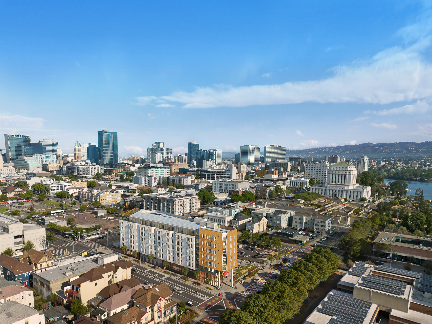 Lake Merritt BART TOD senior housing aerial view, rendering by PYATOK