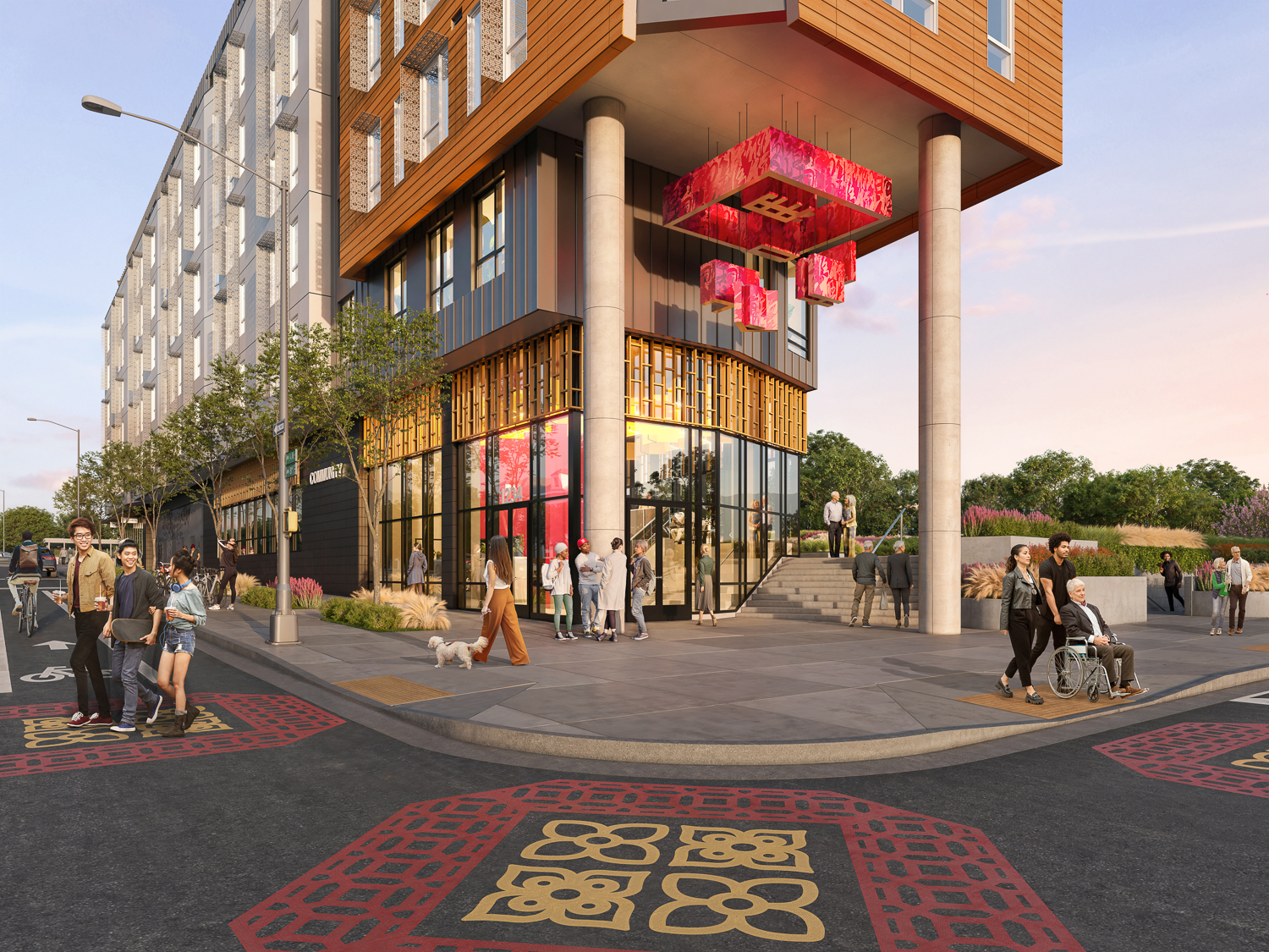 Lake Merritt BART TOD senior housing pedestrian view of the dramatic entry plaza, rendering by PYATOK