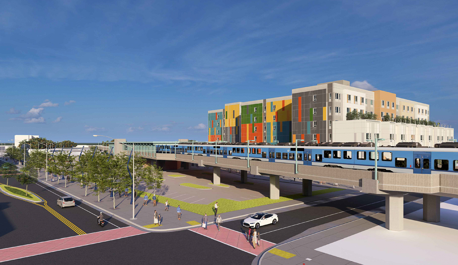 Mandela Station Parcel T3 seen from across the BART tracks, rendering by AO