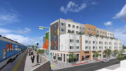 Mandela Station Parcel T3 seen from the West Oakland BART Station platform, rendering by AO