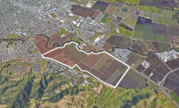 South Gilroy site plan, image by Google Satellite outlined approximately by YIMBY