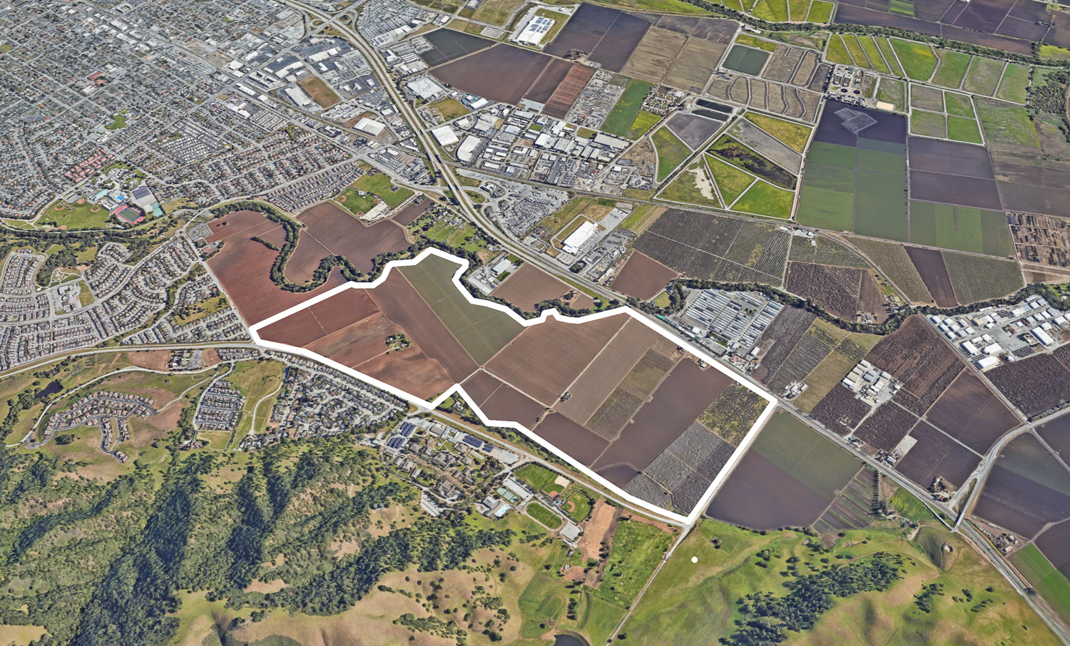 South Gilroy site plan, image by Google Satellite outlined approximately by YIMBY