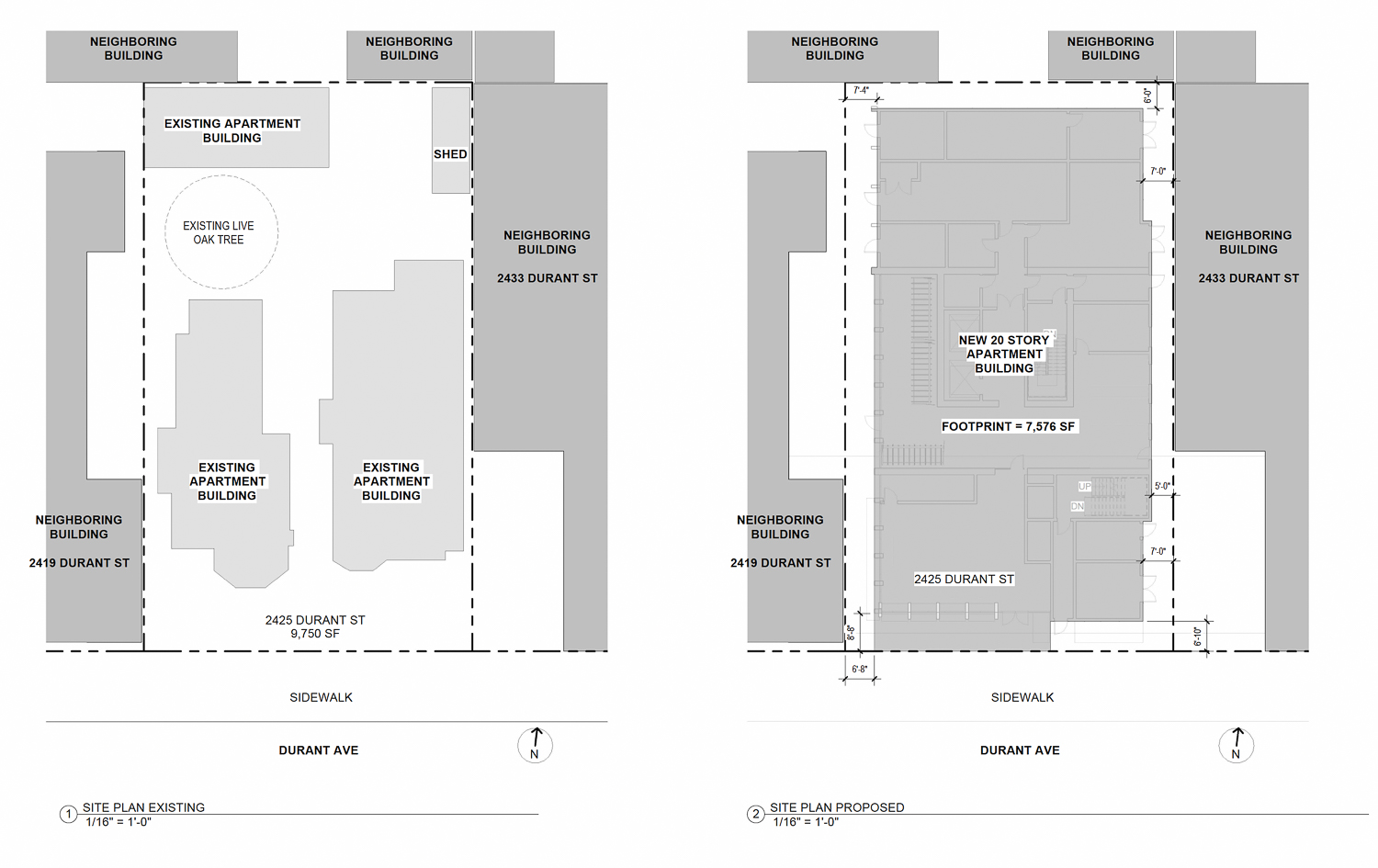 2425 Durant Avenue site map existing (left) and proposed (right), illustration by Yes Duffy Architects