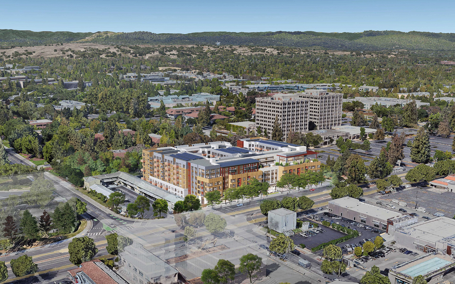 3150 El Camino Real aerial view, rendering by Studio T Square