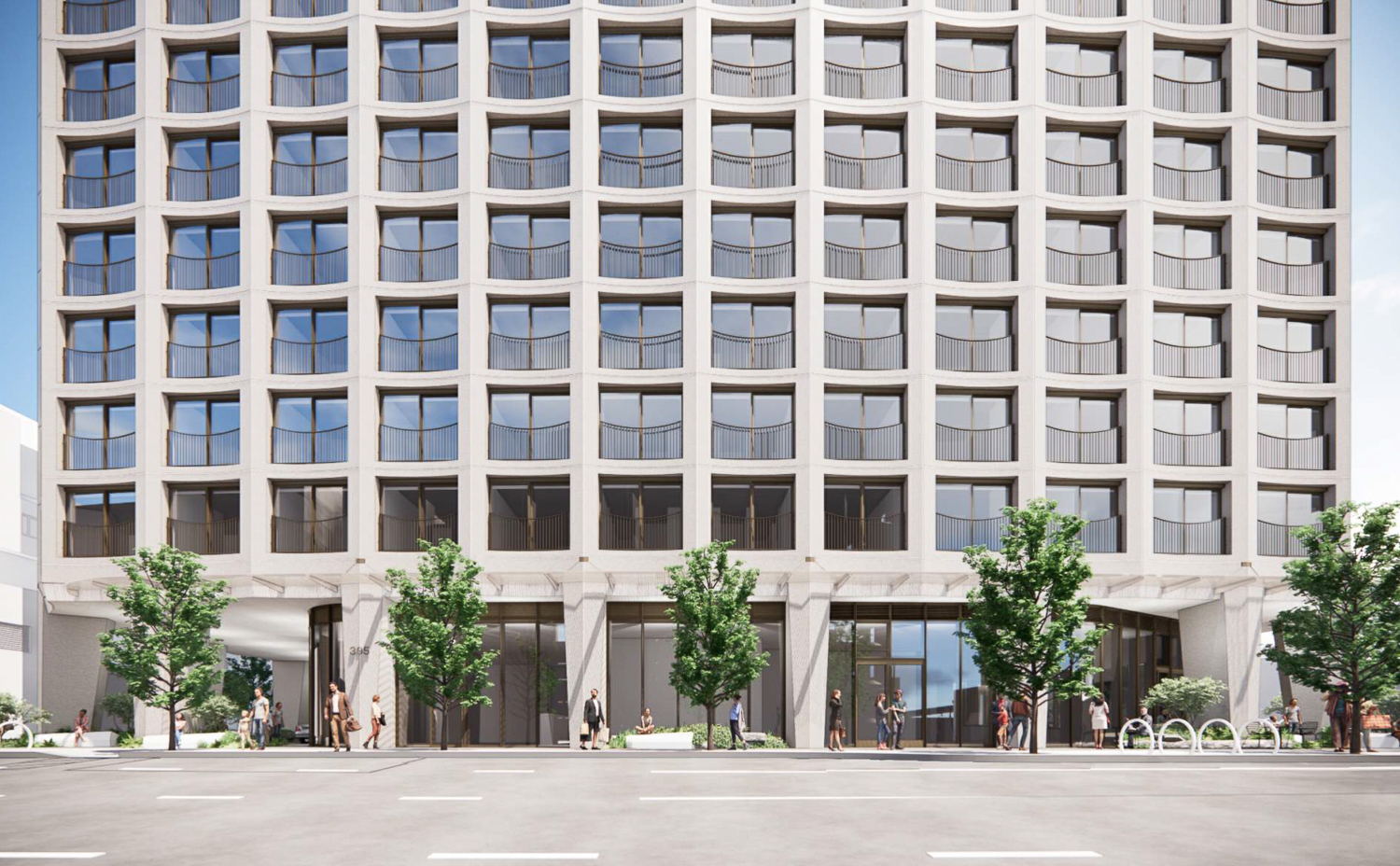 395 3rd Street ground-level, rendering by Henning Larsen