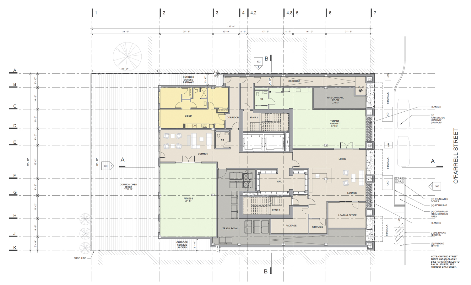 550 O’Farrell Street ground-level floor plan, illustration by HGA