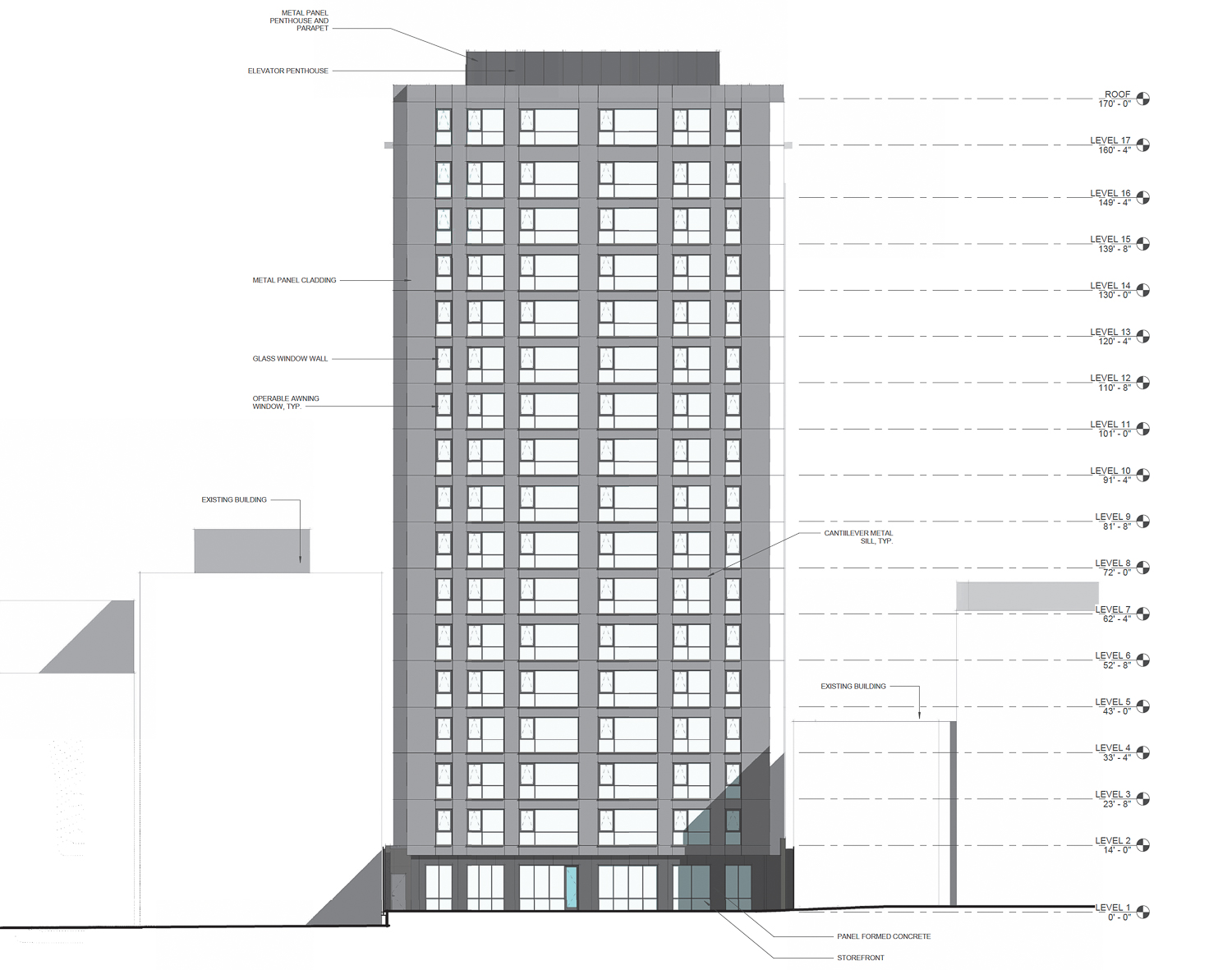 550 O’Farrell Street rear elevation, illustration by HGA