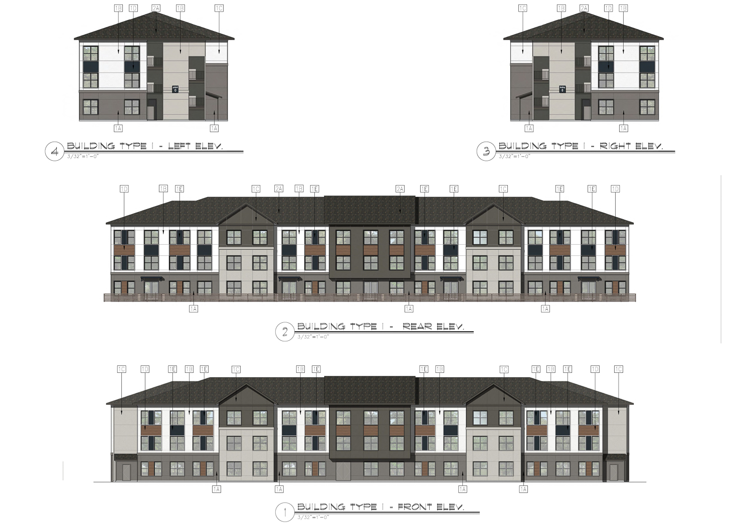 Birchway Natomas Apartments elevation side views, illustration by Meeks Partners