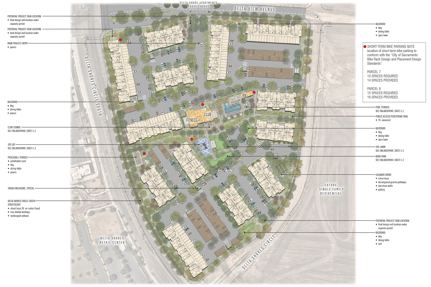 Delta Shores Parcels 7 & 8 site map, illustration by Dahlin Group